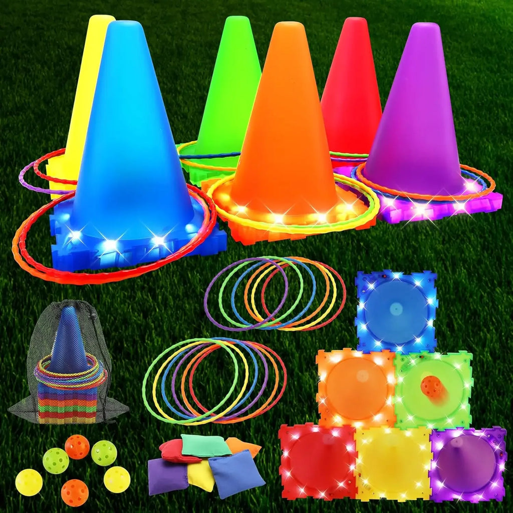 3 in 1 Ball & Ring & Bean Bag Cones Toss Game Play Set with Light Multiple Throwing Target Models Outdoor Family Yard Party Game