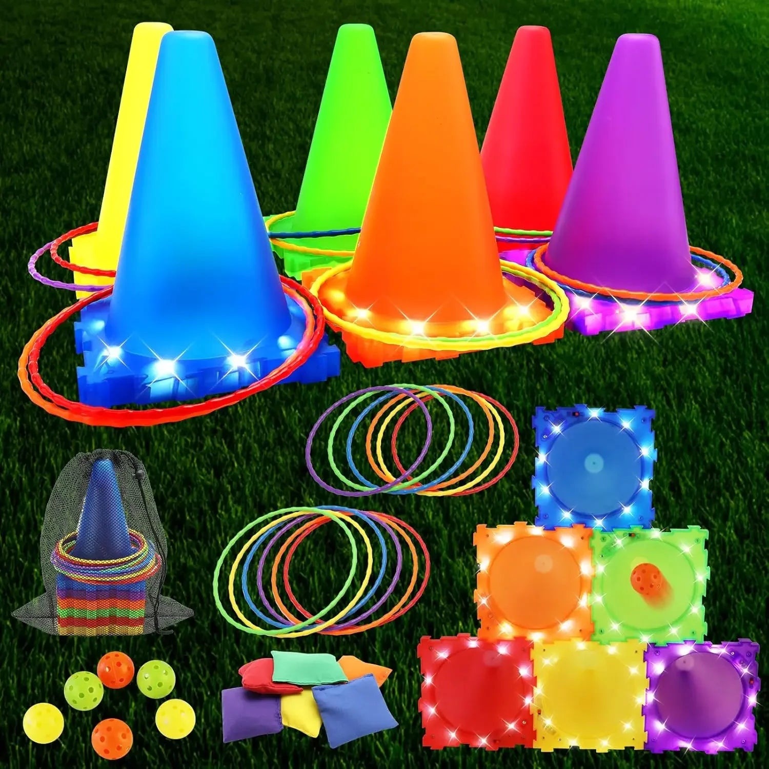 3 in 1 Ball & Ring & Bean Bag Cones Toss Game Play Set with Light Multiple Throwing Target Models Outdoor Family Yard Party Game