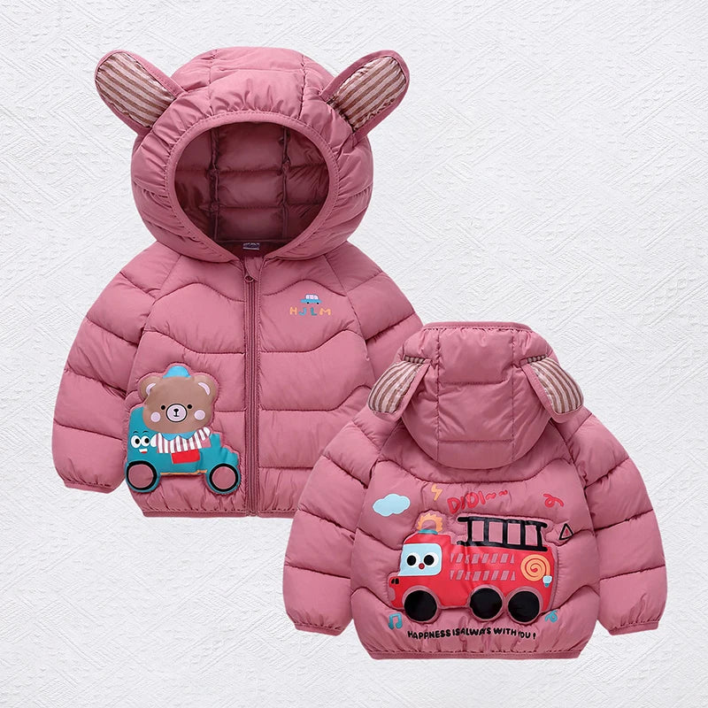 Autumn Winter Fashion Girls Boys Jacket Cute Cartoon Bear Print Warm Hooded Outerwear For 2-6 Years Kids Child Cotton Down Coat