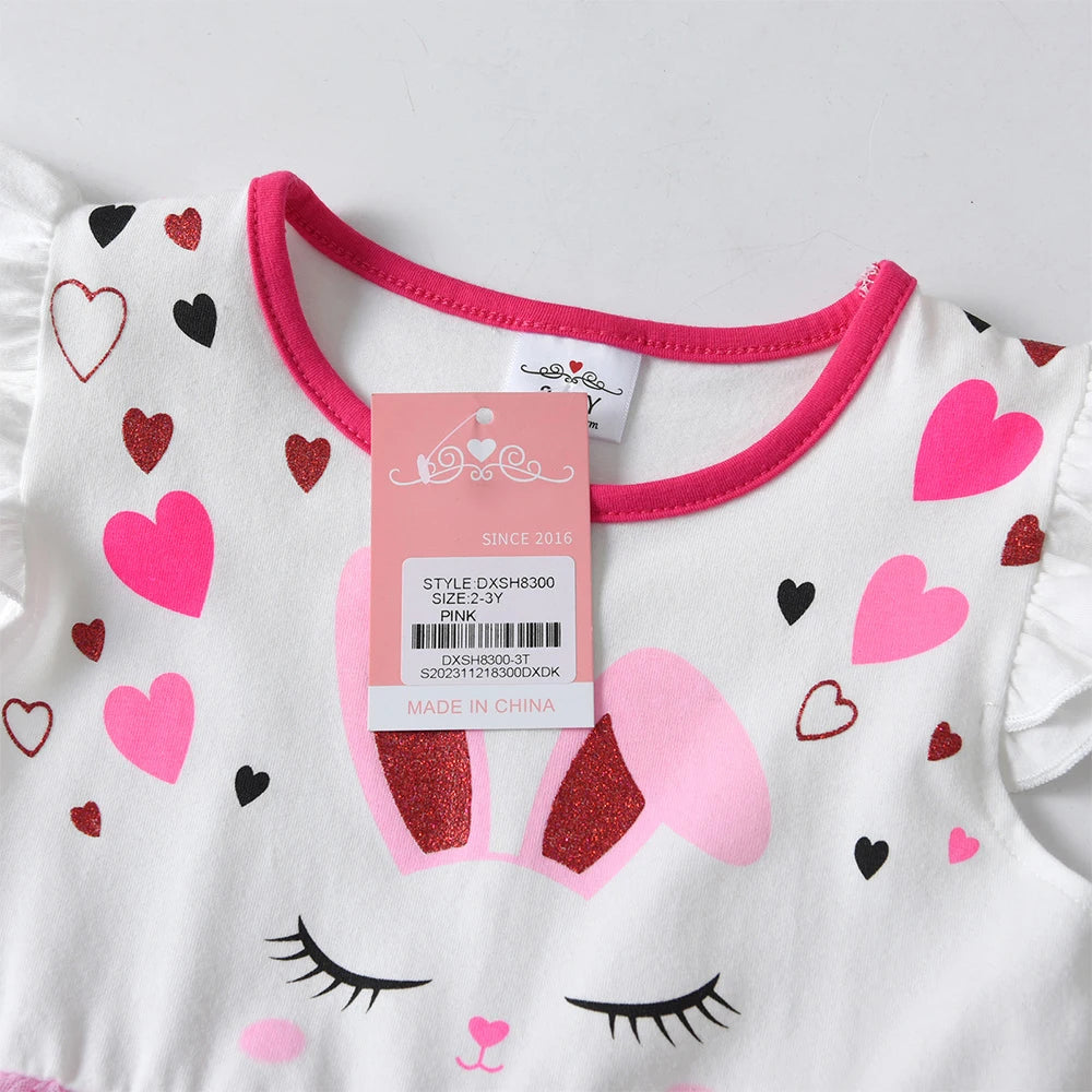 VIKITA Kids Rabbit Cartoon Print Dress Kids Heart Shape Dresses Girls Summer Flare Sleeve Vestidos Girls Layered Princess Dress