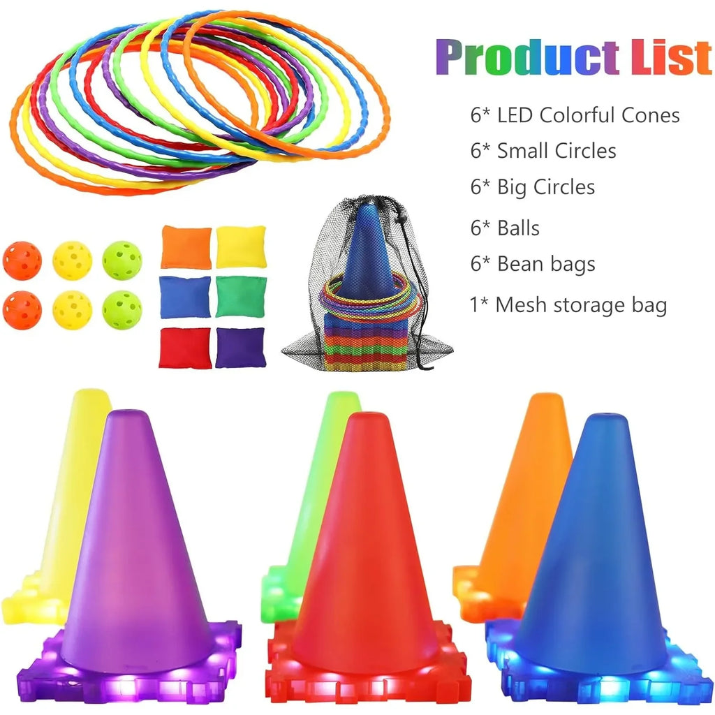 3 in 1 Ball & Ring & Bean Bag Cones Toss Game Play Set with Light Multiple Throwing Target Models Outdoor Family Yard Party Game