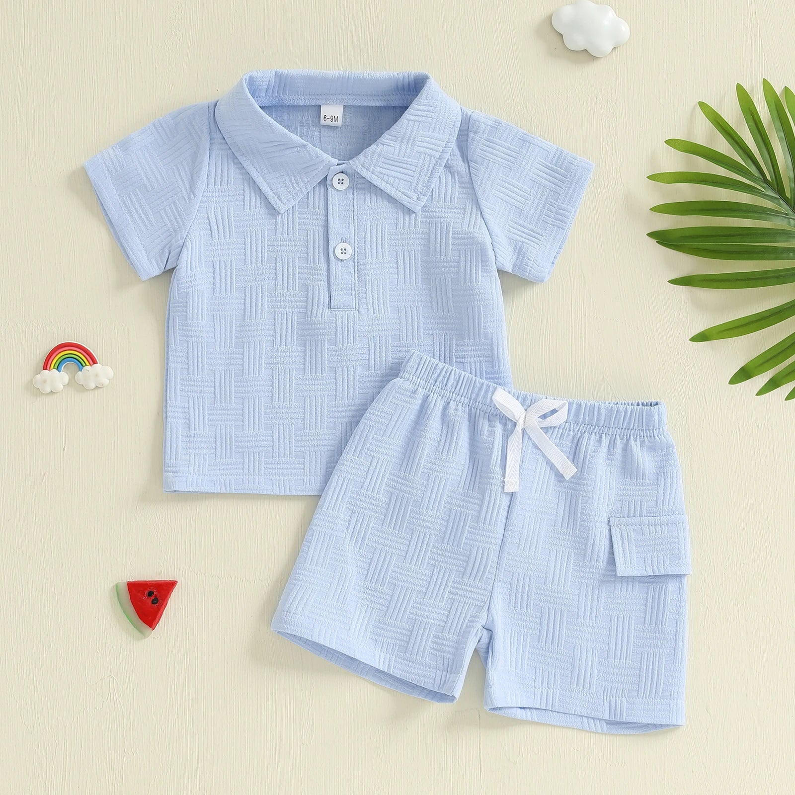 Boys Stylish Jacquard Collared Shirt and Elastic Waist Shorts Set for Summer - 2-Piece Toddler Outfit with Short Sleeves