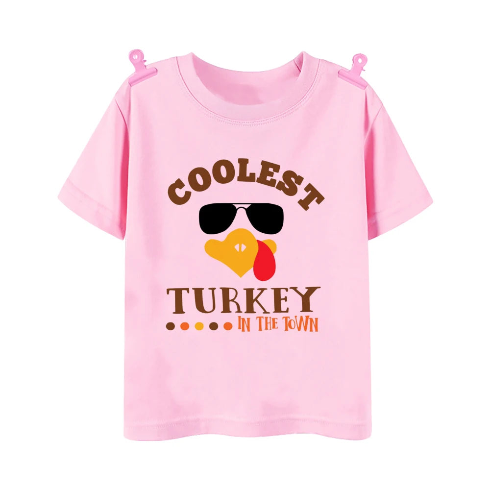 Coolest Turkey in Town Print T Shirt Kid Thanksgiving Clothes Mama's Little Pumpkin Toddler Thanksgiving Tops Cute Halloween Tee