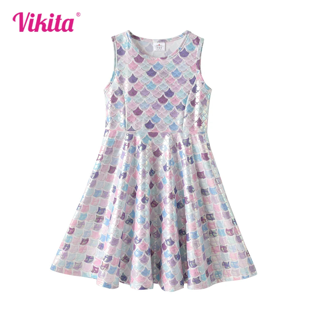VIKITA Girls Sleeveless Dress for Summer Kids Polyester Dresses for 4-12 Years Girls Mermaid Print A Line Casual Princess Dress