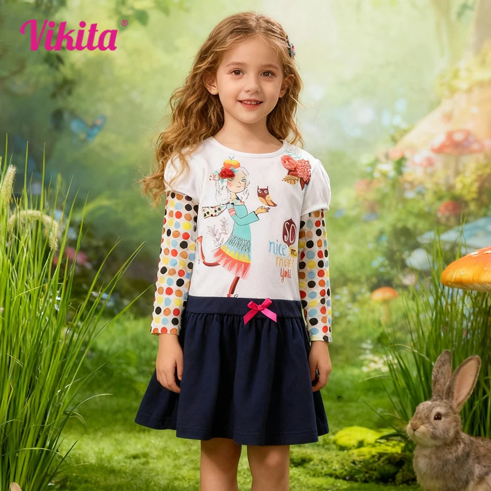 VIKITA Kids Cotton Dress Toddlers Long Sleeve Autumn Spring Doll Floral Print Dresses Girls Casual School Daily Cute Dress 3-8Y