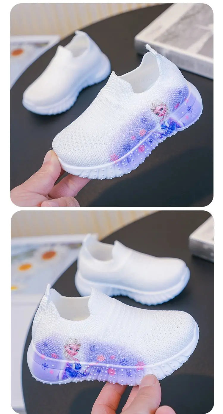 Disney Solid White Fashion Knitting Frozen Princess Elsa Children Casual Shoes Kids' Light Breathable Stretch Socks Sneakers Siz