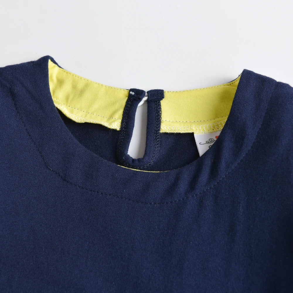 VIKITA Girls Summer Short Sleeve Straight Vestidos Kids Navy Blue Cotton Casual School Daily Licorne Sequined Appliqued Dresses