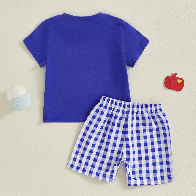 Toddler Boys Back to School Outfits Dinosaur Print Short Sleeves T-Shirt and Denim Shorts Set for 2 Piece Clothes Cute and