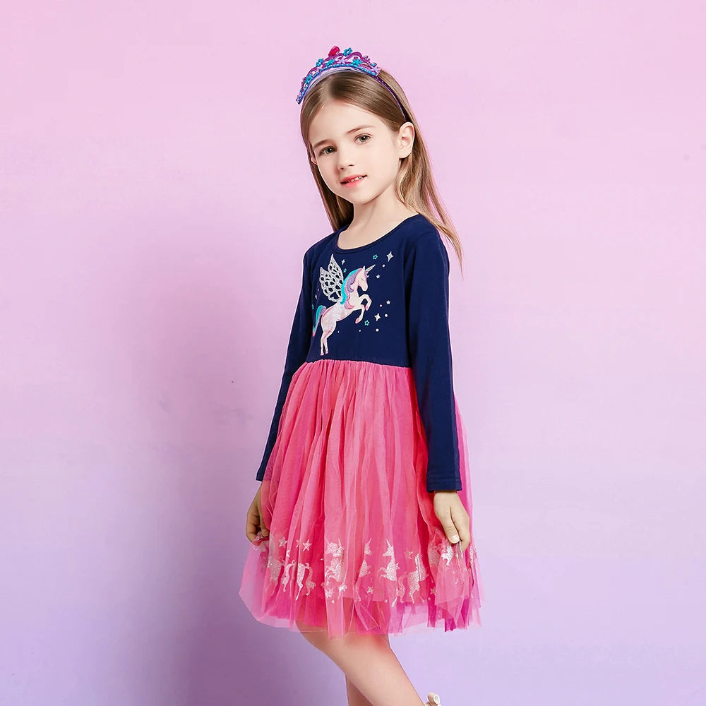 VIKITA Girls Navy Blue Pink Long Sleeve Dress Kids Sparkly Unicorn Print Tulle Mesh Fantasy Party Casual Princess Elegant Dress