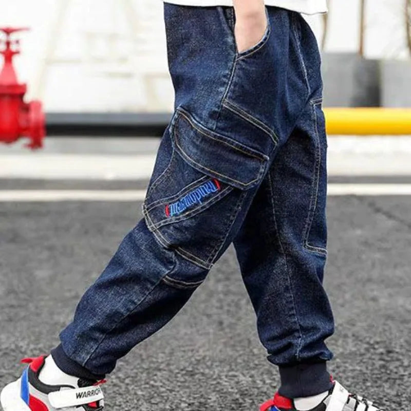 Autumn Winter Boys Fleece-Lined Cargo Pants/Korean Style Thickened Jeans for Toddler Boys