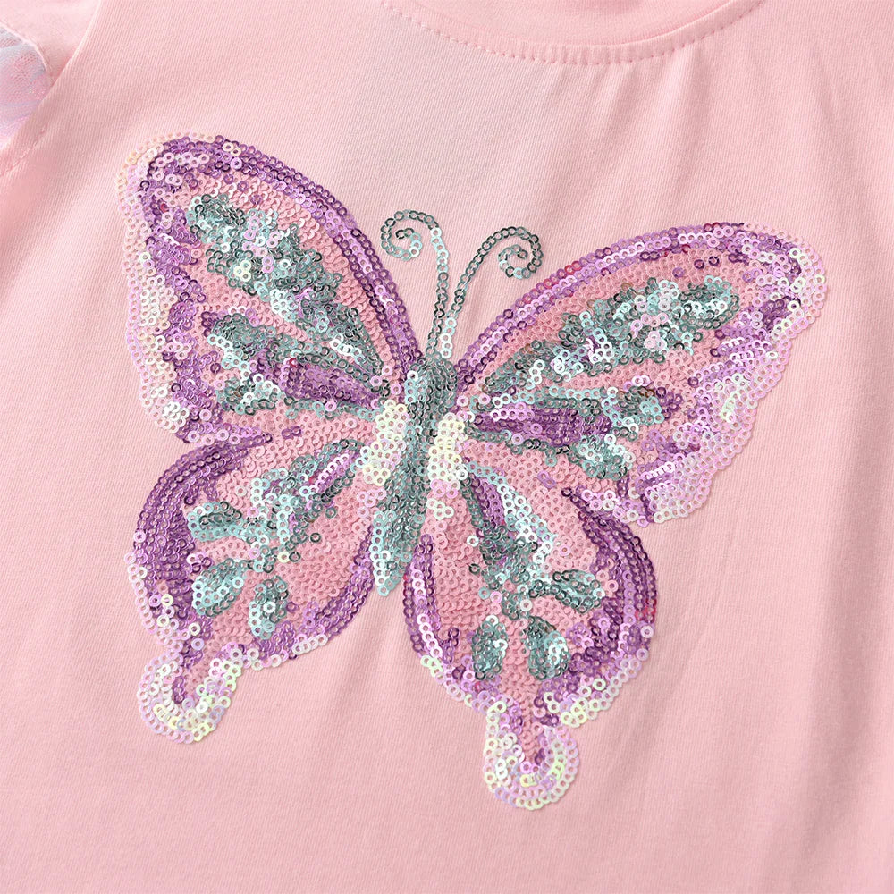 Girls Pink Flare Sleeve T Shirt Kids Sequined Colorful Butterfly Appliqued Ruffle Tees Kids Parties Casual Outings Cotton Tops