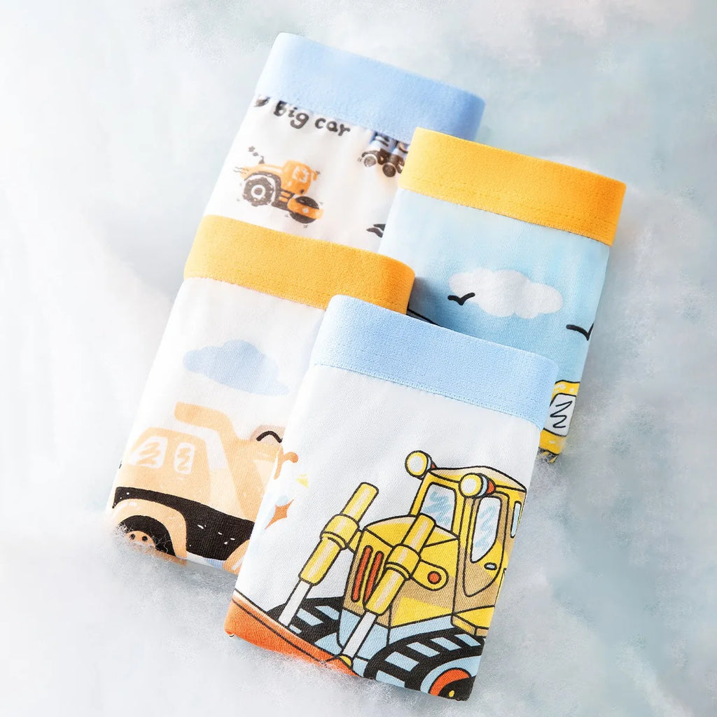 4 Pcs/Lot Boys Cotton Underpants Excavator Cartoon Cars Pattern 3-11T Boys Boxer Briefs Breathable Children Underwears Shorts