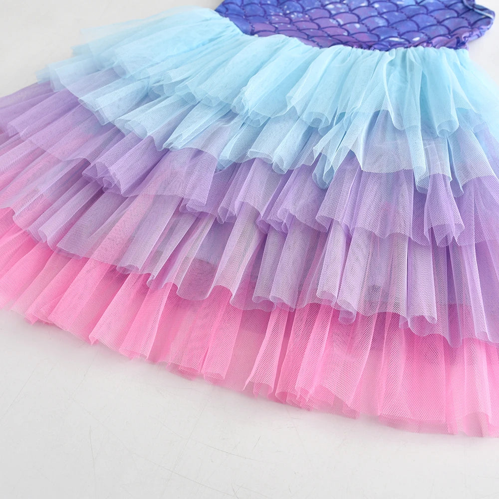 VIKITA Kids Mermaid Print Sleeveless Dress Girls Birthday Party Performance Princess Dresses Girls Mesh Layered Cake Tutu Dress