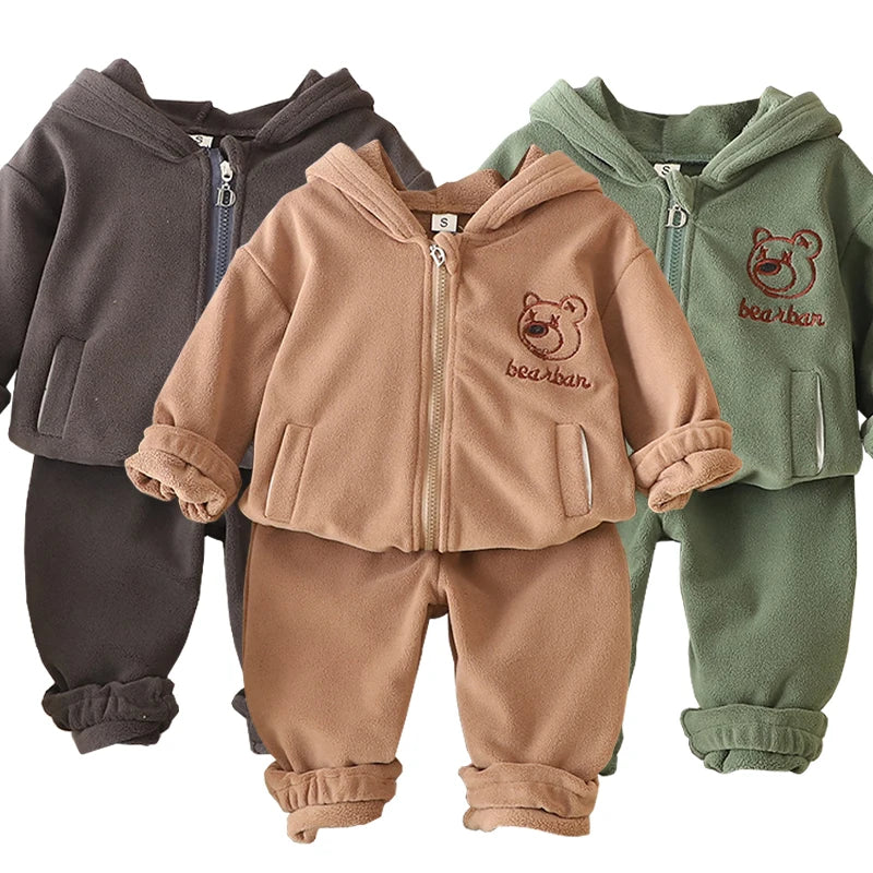Autumn Winter Baby Boys Warm Clothes Set Thick Fleece Cartoon Bear Zipper Hooded Jacket Pants 2Pc For 1-5 Years Girls Sport Suit
