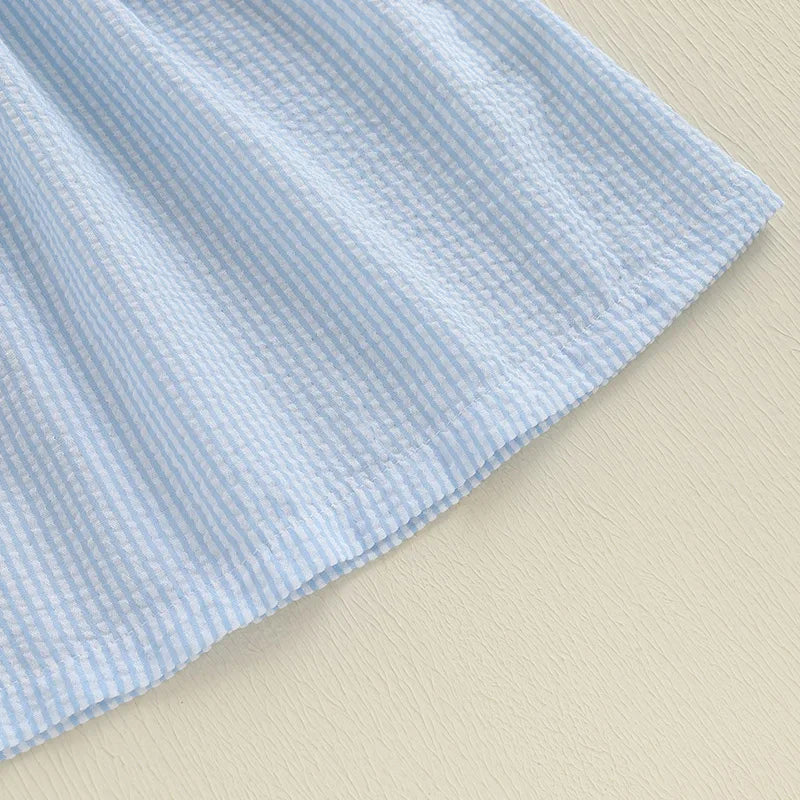 Adorable Infant Girl Sleeveless Dress with Cute Bow Accents Embroidered Letters Striped Design and Ruffled Trim