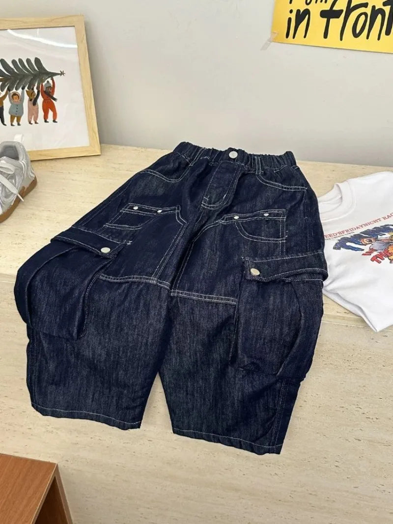2025 New Boys' Solid Color Jeans - Loose Fit Straight Leg Kids' Long Pants with Pockets, Trendy & Stylish Denim for Active Boys