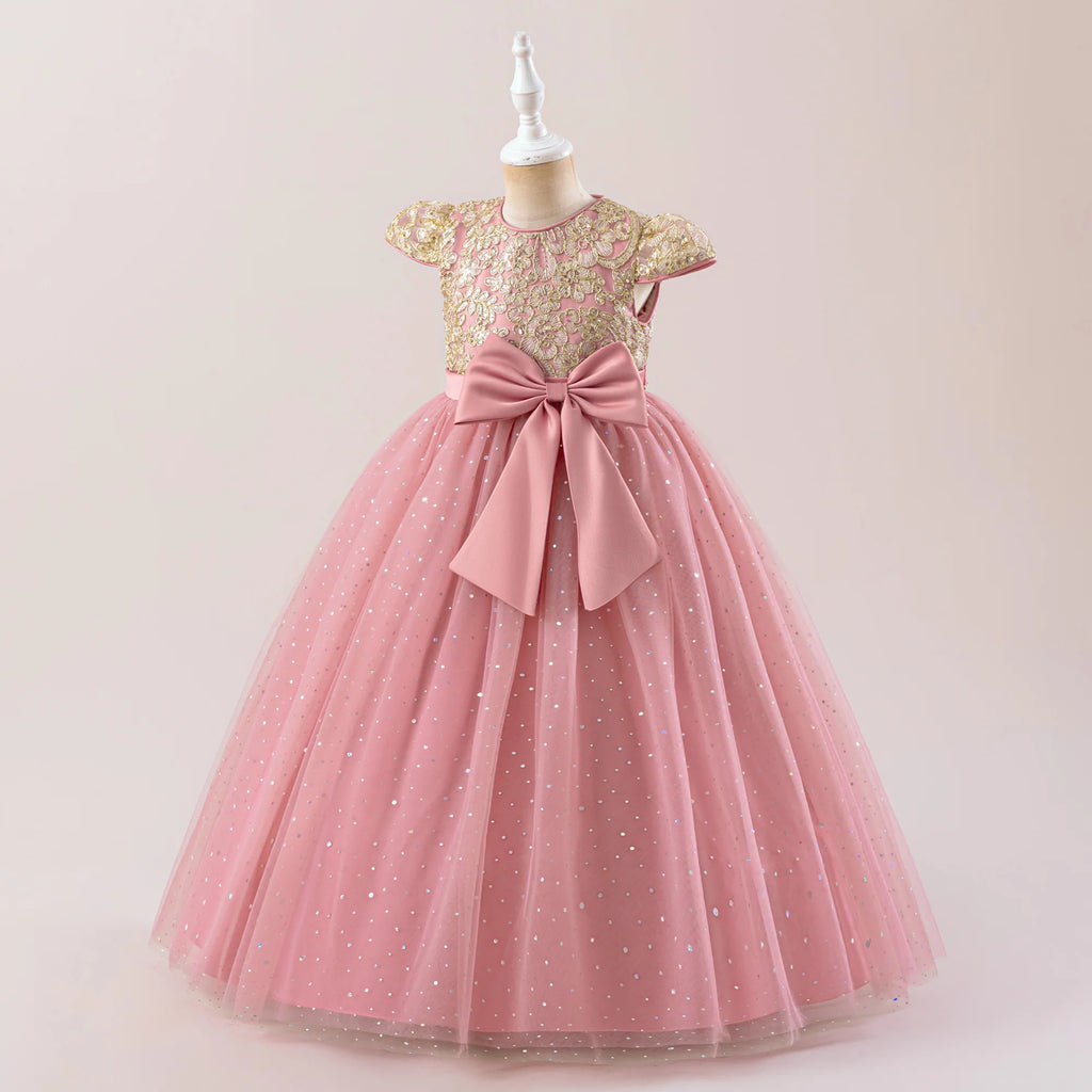 Elegant Bow Bridesmaid Party Girls Dress Sequin Flower Wedding Birthday Princess Dress Girl Tulle Prom Performance Gala Costumes