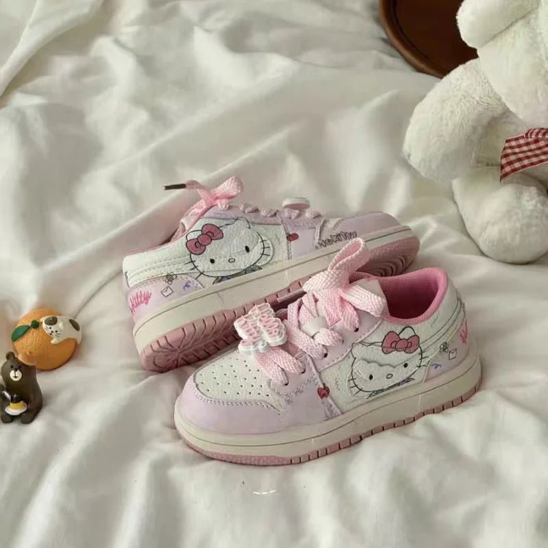 Kids'Casual Shoes Sneakers PU Leather Printed Hello Kitty Spring Shoes For Girls Thick Bottom Anti-slip Pink Shoes Size 26-37