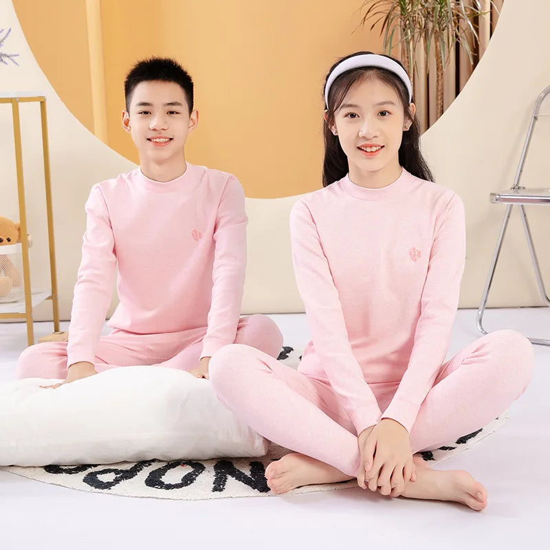 Thermal Underwear for Boys Cotton Thicken Warm Autumn Winter Teenage Children Underwears Set Solid Two Pieces Girls Clothing Set