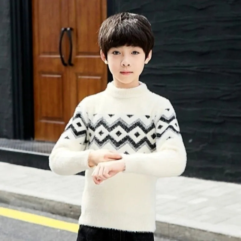 Heavyweight Mink Velvet Boys' Pullover Sweater Autumn Winter Base Layer Thickened Knit Sweater for Kids Ages 3-14 Toddler Youth