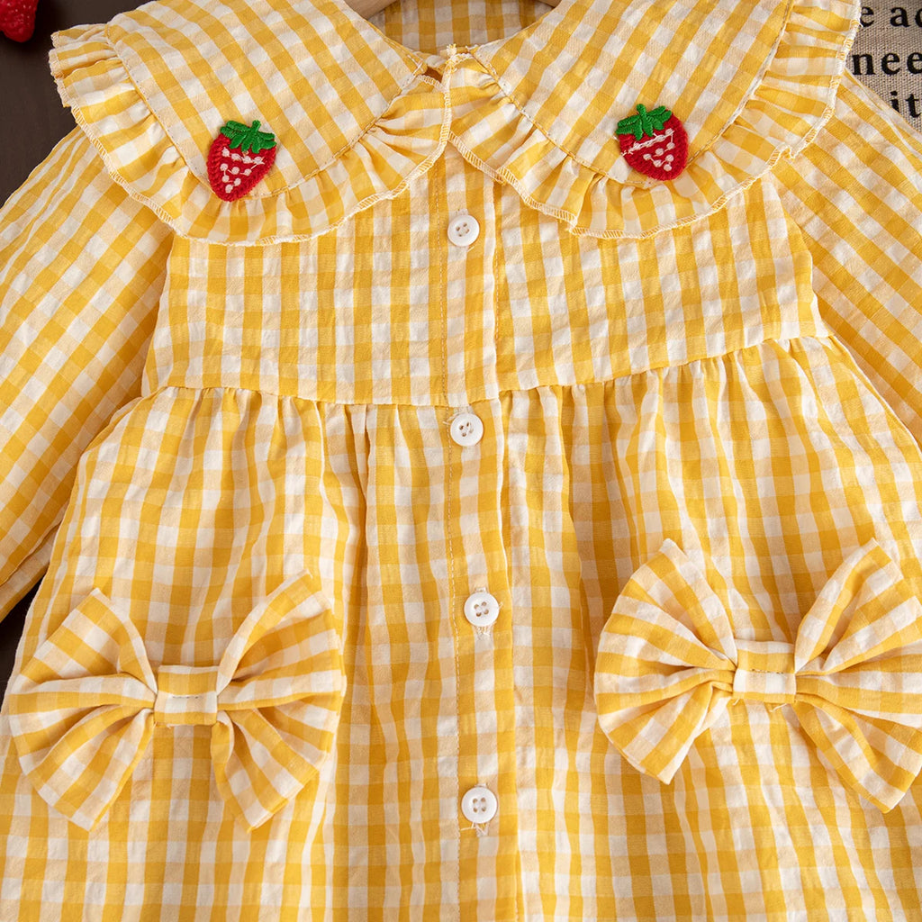 Spring And Autumn New Sweet Strawberry Baby Girl Dress, Yellow Checkered Long Sleeved Children'S Clothing For Babies Aged 0-3