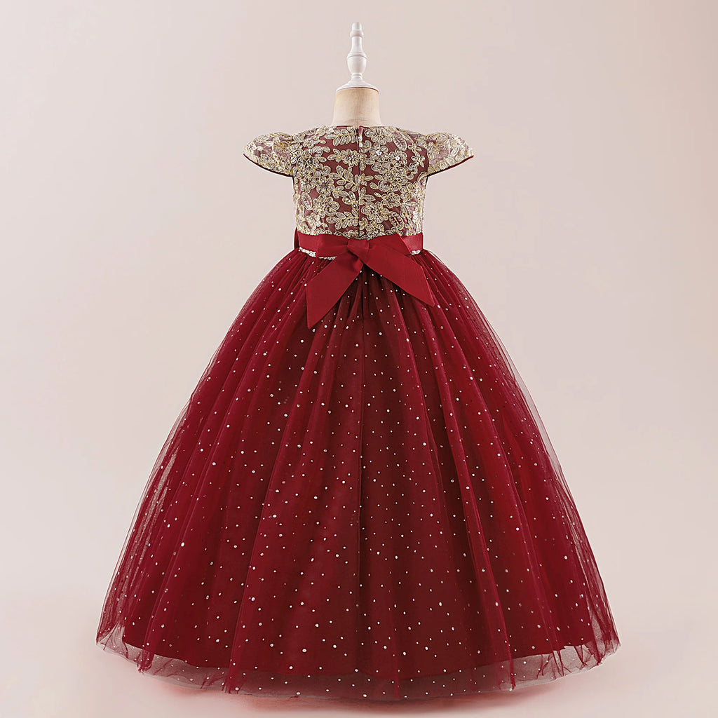 Elegant Bow Bridesmaid Party Girls Dress Sequin Flower Wedding Birthday Princess Dress Girl Tulle Prom Performance Gala Costumes