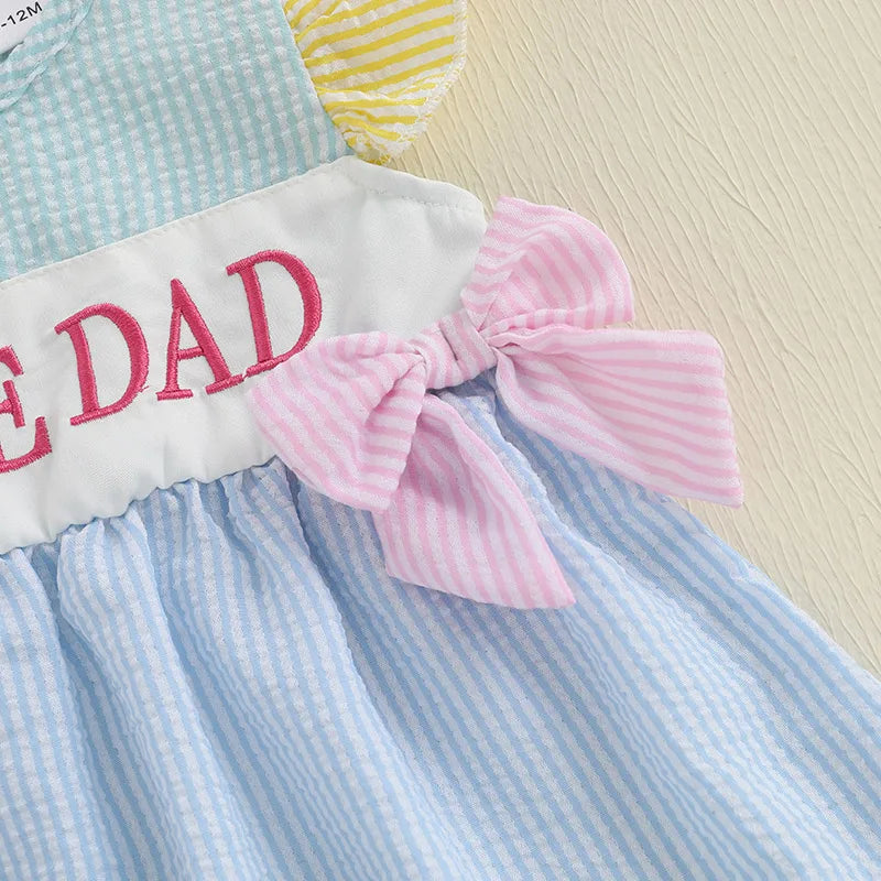 Adorable Infant Girl Sleeveless Dress with Cute Bow Accents Embroidered Letters Striped Design and Ruffled Trim