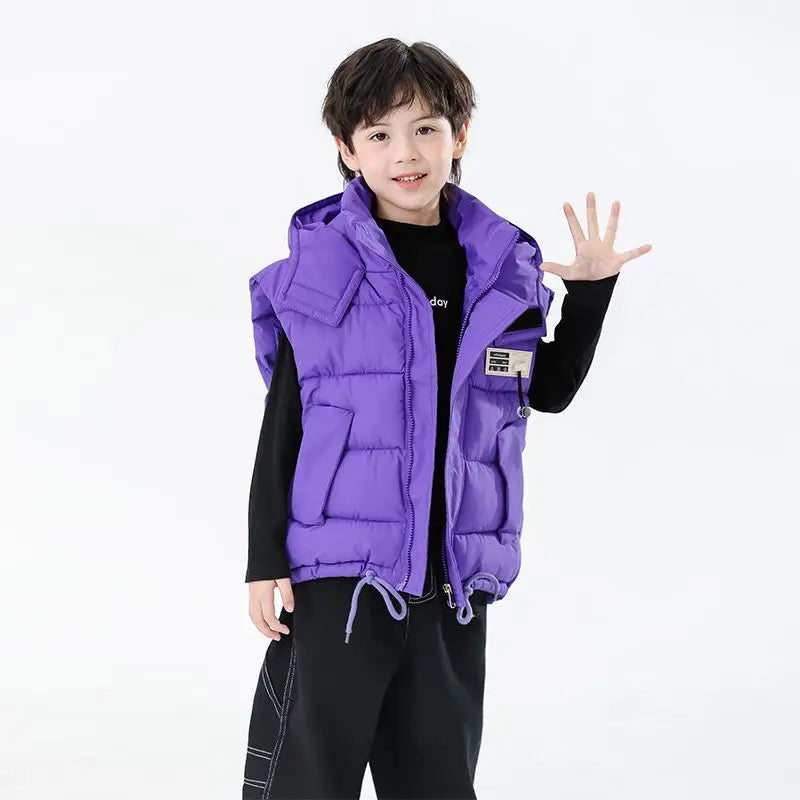 2025 Kids Puffy Windproof Quilted Sleeveless Jacket Korean Style Oversized Cargo Vest for Toddler Boys Thermal Insulated Outdoor