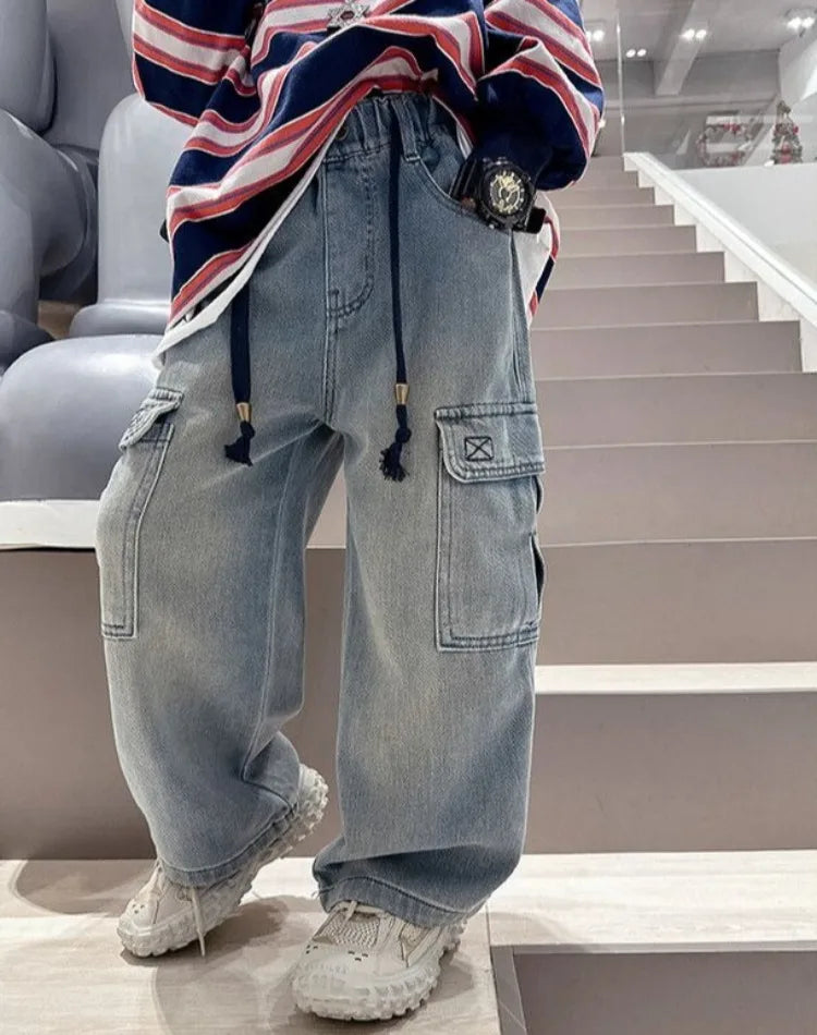 2025 Spring Autumn New Boys Loose Straight Jeans Lightweight Casual Pants for Tween Boys - Premium Denim Straight Leg Long Pants