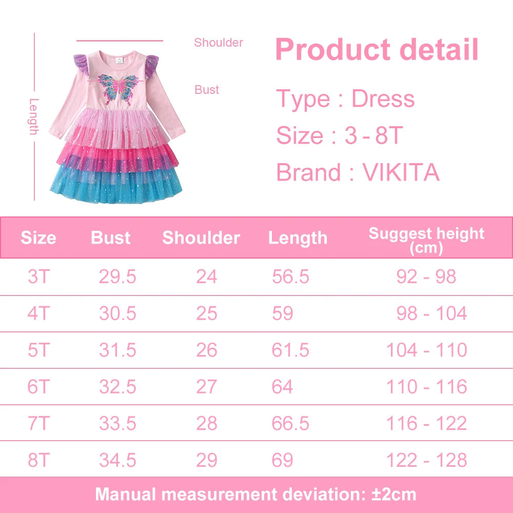 VIKITA Girls Butterfly Sequined Appliqued Long Sleeve Dress Kids Birthday Party Performance Prom Gown Shiny Princess Dresses