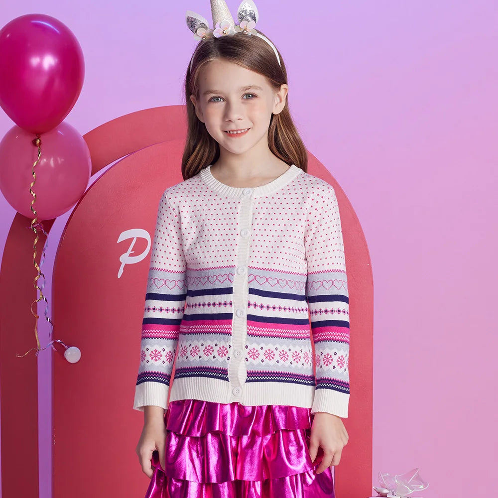 VIKITA Teenagers Cardigans Girls Snowflakes Heart Shape Striped Casual Fashion Cute Sweaters Kids Coat Outer Wear Tops Costumes