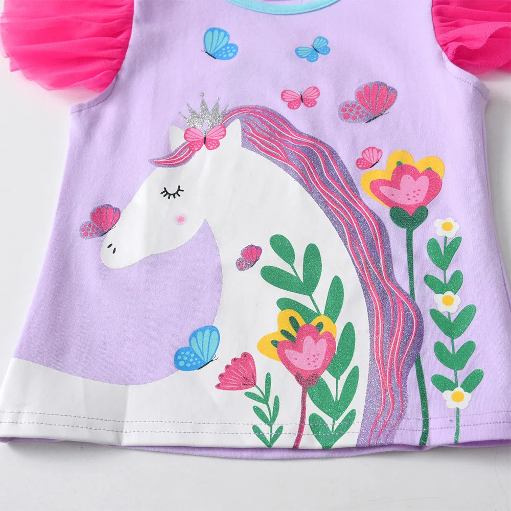 VIKITA Girls Flare Sleeve Summer T Shirt Kids Unicorn Flower Print Cartoon T Shirts Kids Casual Daily School Cotton Casual Tops