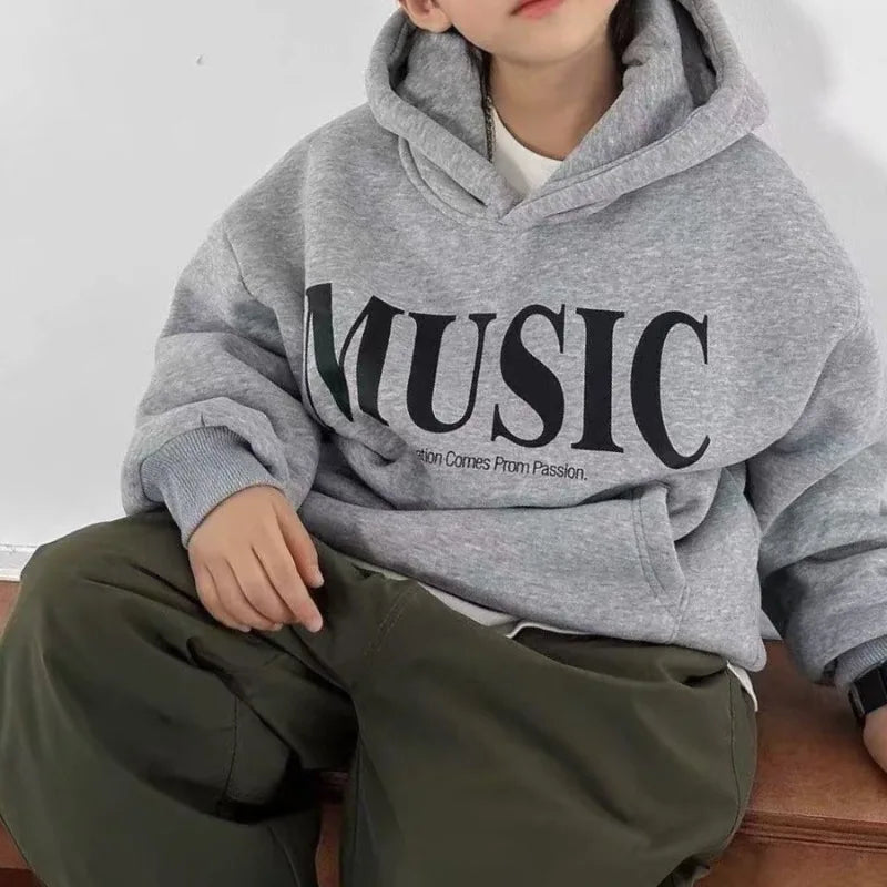 2025 New Boys' Kids' Autumn Winter Printed Fleece-Lined Thickened Hooded Hoodie - Stylish Trendy Top
