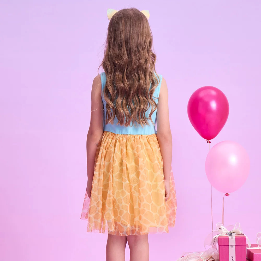 VIKITA Girls Sleeveless Summer Patchwork Dress Kids Giraffe Cartoon Print Infantil Vestidos Kids Mesh Tulle Party Casual Dresses