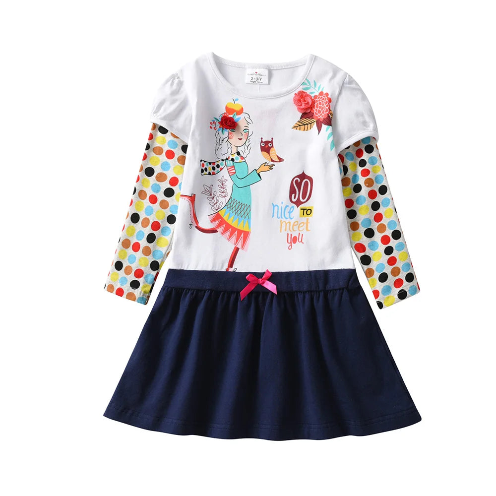 DXTON Girls Cotton Casual Long Sleeve Dresses Autumn Spring Children Polk Dot Cartoon Print Clothes Kids Patchwork Frocks Dress