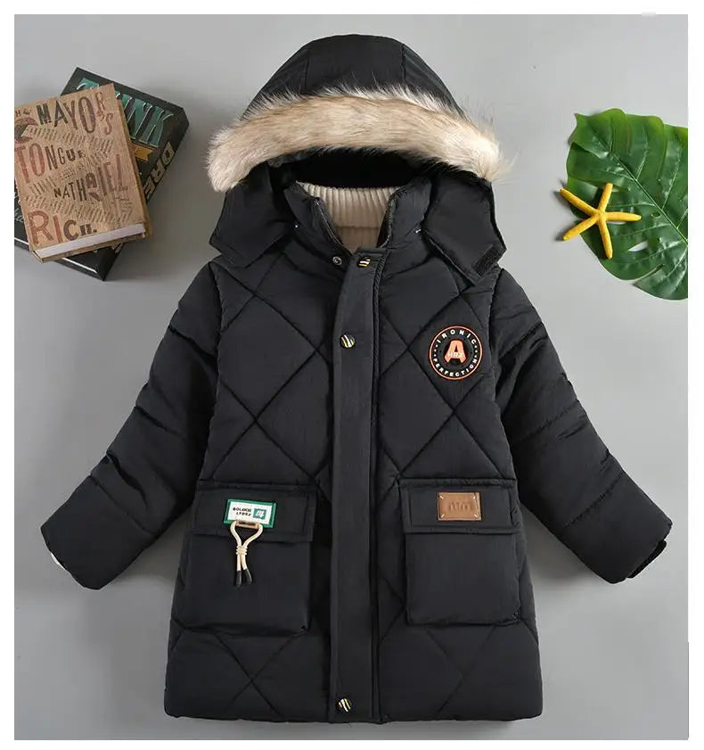 New Winter Boys Jacket Long Style Letter Print Thick Warm Hooded Coat Fur Collar Down Cotton Outerwear For 4-10 Years Kids
