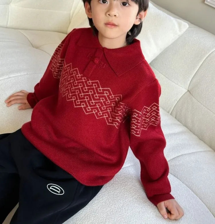 Boys' Red POLO Knit Sweater 2025 Autumn/Winter New Big Kids New Year Outfit Traditional Chinese Style Warmth Crossover Sweater