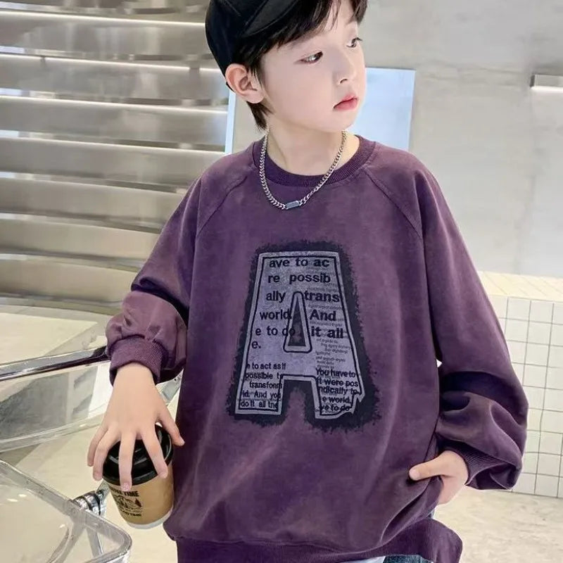 Boys' Medium-Large Spring Stylish Street-Style Letter Print Long Sleeve No Hood Sweatshirt