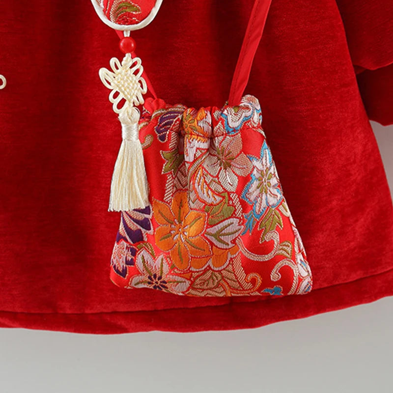 New Winter Embroidered Baby Girl Dress, Retro Style Children'S Clothing For Spring Festival Parties+Red Envelope Bag Giveaway