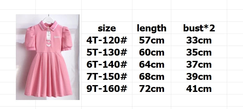 4-9Years Children Summer Dress Turn-Down Collar Girls Short Sleeve Solid Color Letter School Style Fashion Kid Dress