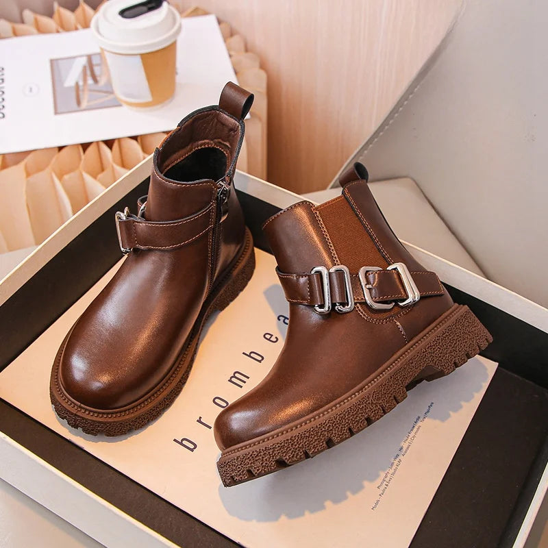 Kids'Casual Boots Mid-Calf Boots PU Leather  Winter Shoes For Girls Anti-slip Warm Thick Bottom Brown Black Shoes Size 26-37