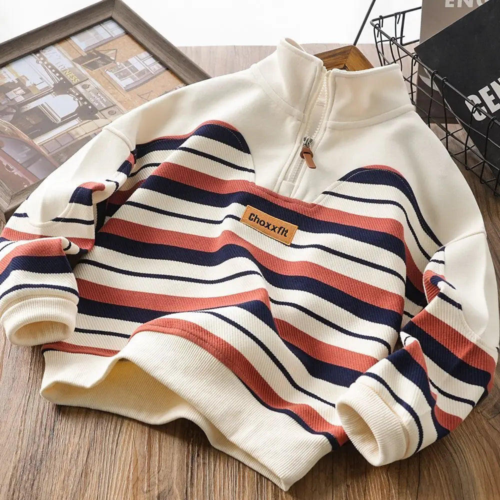 Boys' 7-8Y Striped Stand Collar Zipper Sweatshirt - Kids' Casual Top