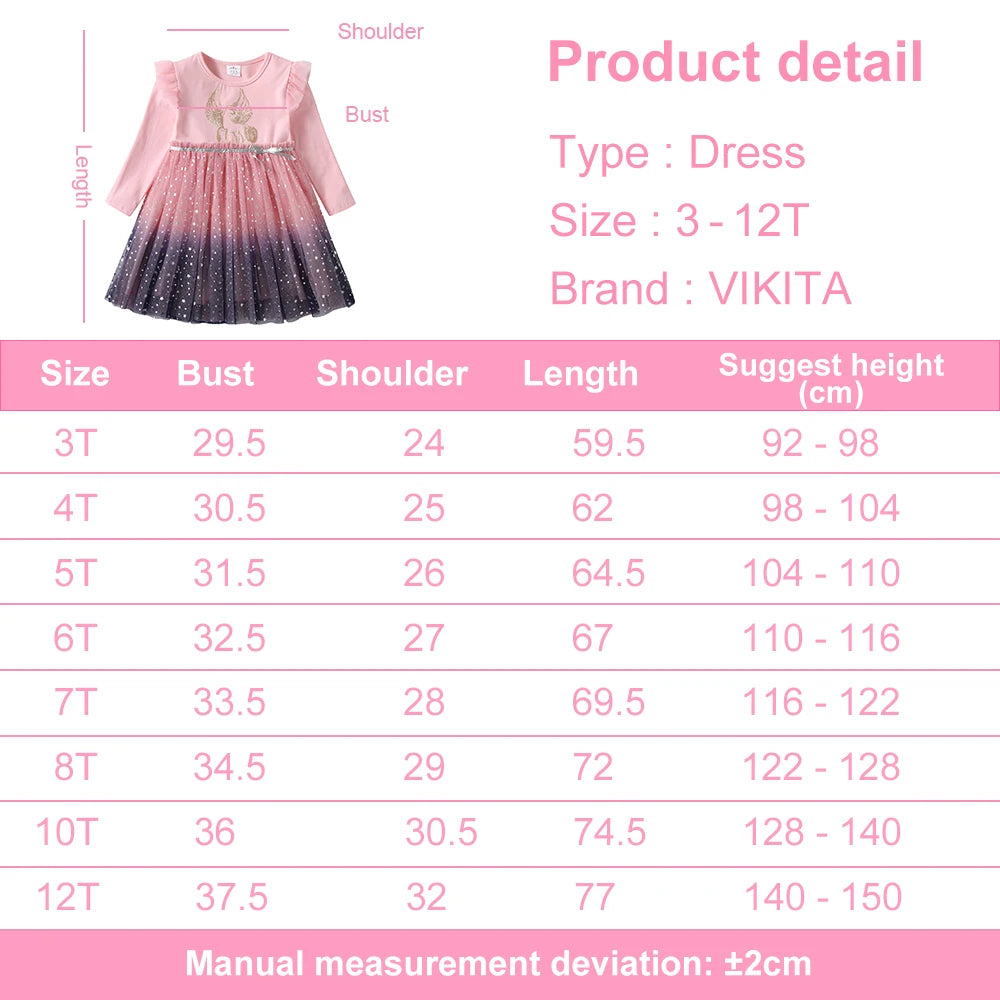 VIKITA Girls Autumn Spring Flare Sleeve Dress Kids Licorne Print Gradient Dresses Kids Birthday Party Princess Pink Mesh Dresses