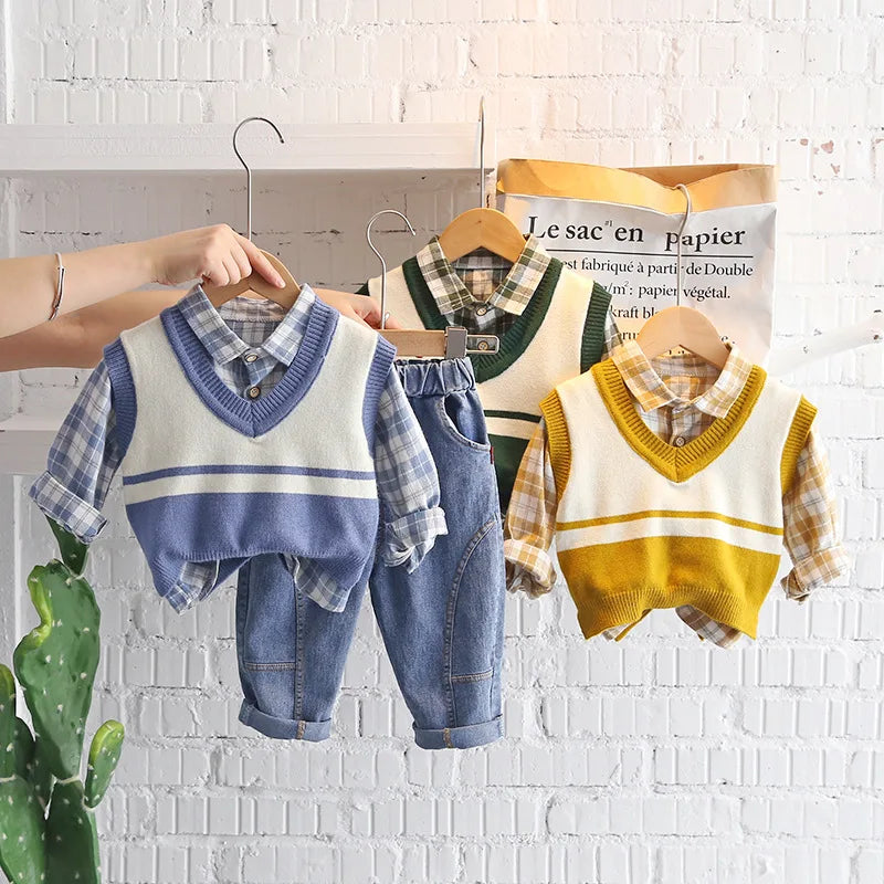 New Spring Autumn Baby Clothes Suit Children Boys Fashion Plaid Shirt Vest Pants 3Pcs/Set Toddler Casual Costume Kids Tracksuits