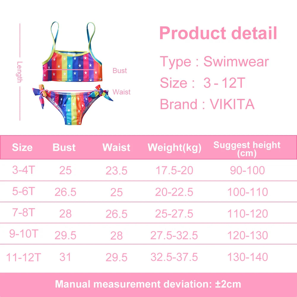 VIKITA Kinder-Badeanzug-Sets für Mädchen, Regenbogenfarben, Streifen, Sternenmuster, Strandmode, Reisemode, süßer Bikini, 2-teilig, 4-10 Jahre