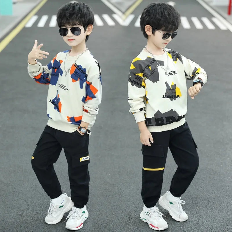 2025 New Arrival Boys' Mid-Large Size Sporty Two-Piece Spring & Autumn Kids Clothing Set - Stylish Outfit for Children
