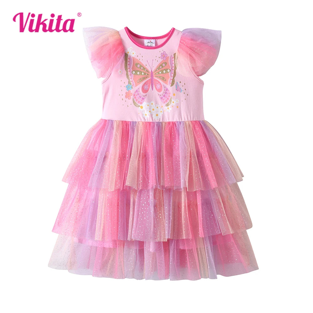 VIKITA Girls Pink Butterfly Print Layered Princess Dress Kid Flutter Sleeves Gradient Cute Fashion Summer Dress Kids Costumes