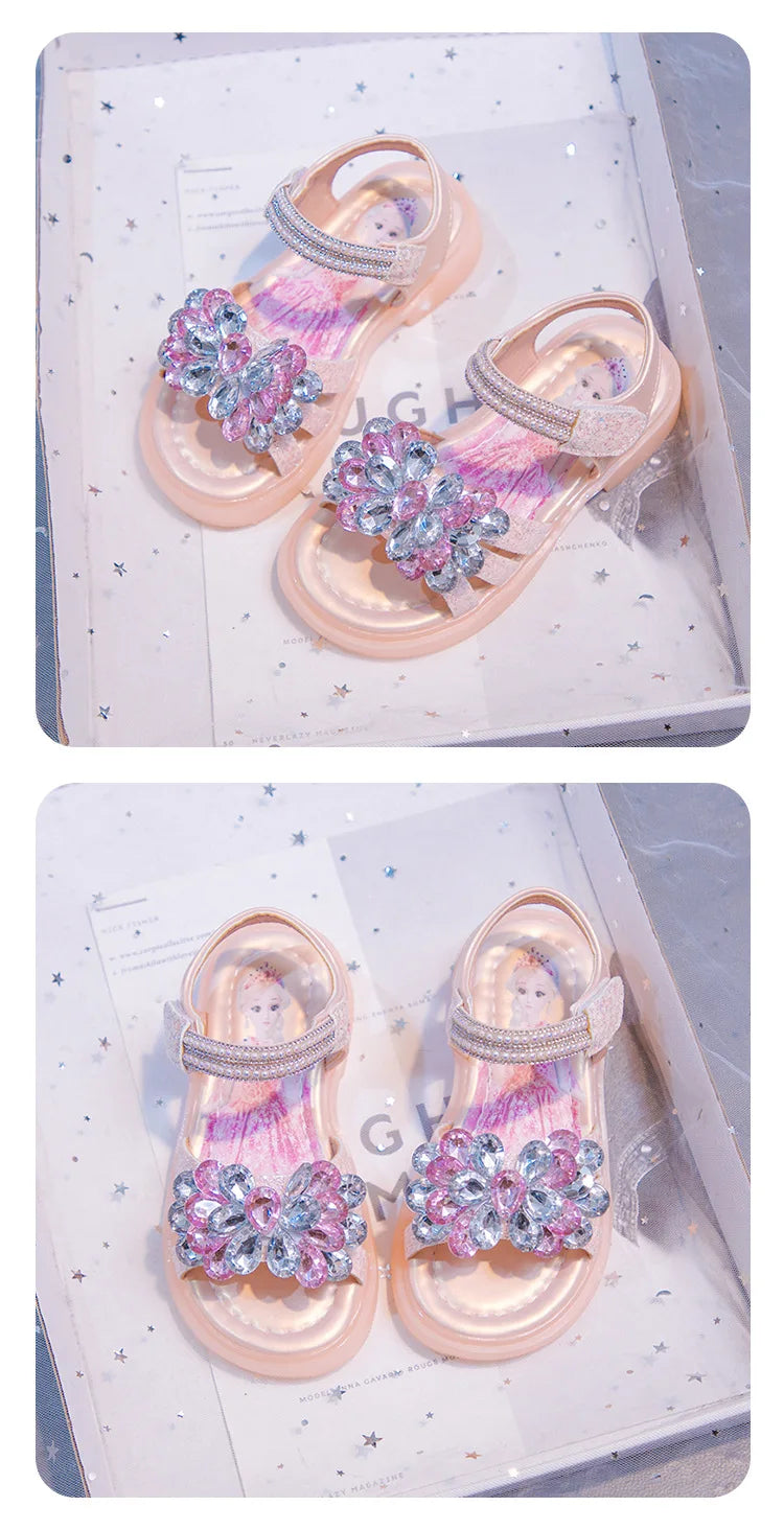 Kids' Sandals Elsa Princess Frozen PU Leather Crystal Summer Flat Shoes For Girls Breathable Anti-slip Blue Pink Size 23-33