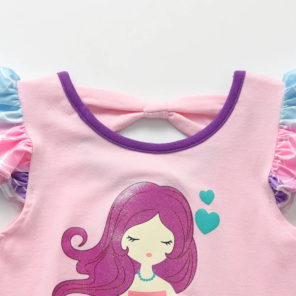 VIKITA Girls Mermaid Print Cute Fashion T Shirt Kids Flare Sleeve Cotton Casual Tops and Tees Girls Pink Daily School Costumes