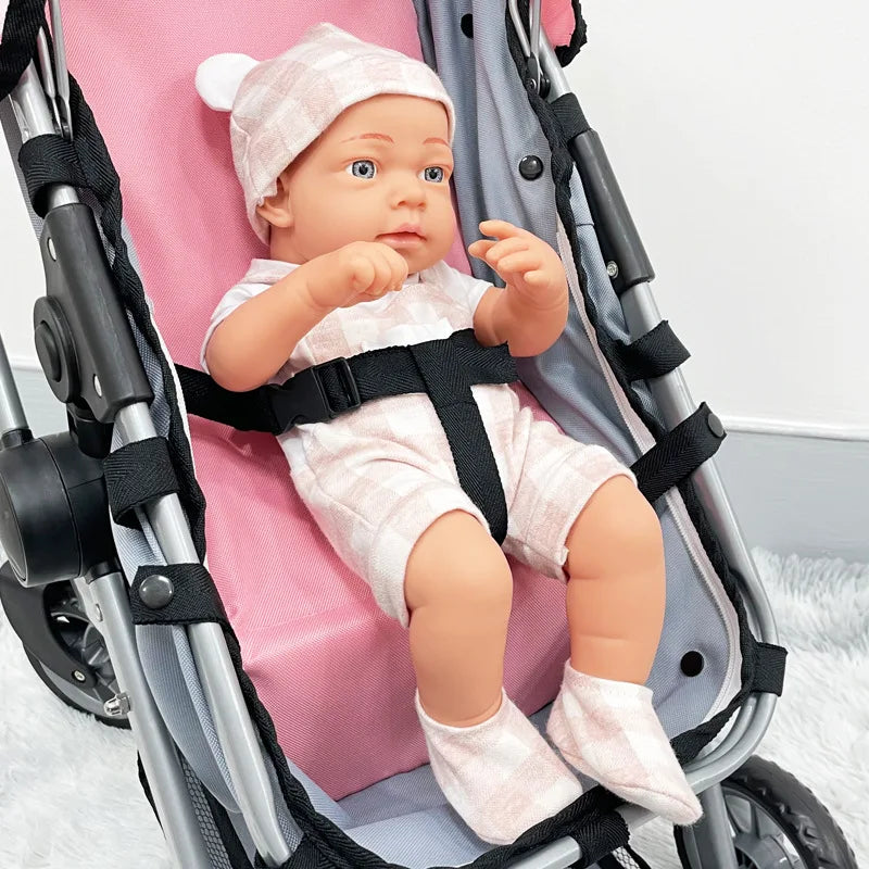 2-in-1 Baby Doll Stroller with Canopy Storage Basket Doll Pushchair Trendy Pram Kids Pretend Play Toy Fits Dolls Up to 18"/45cm